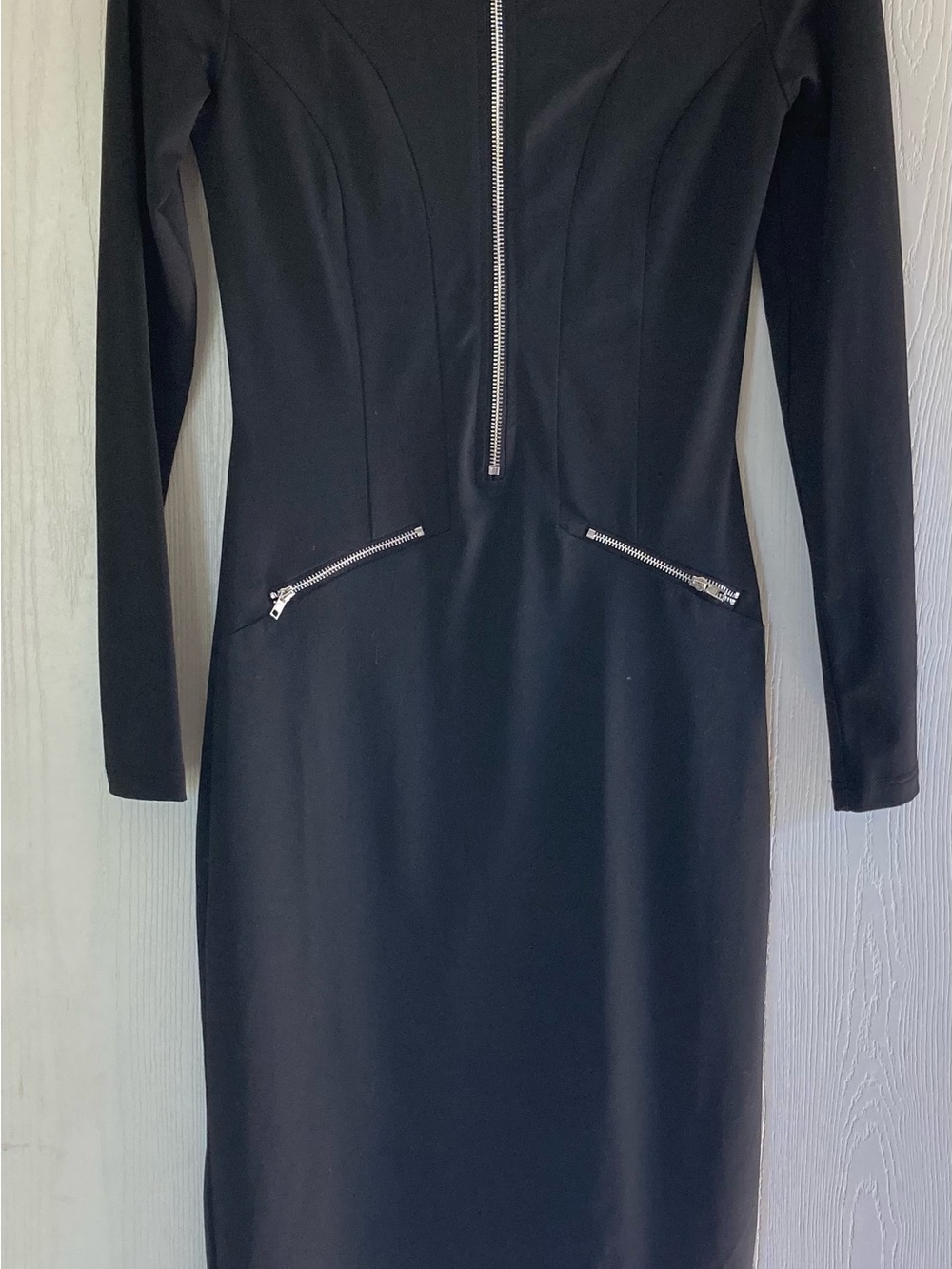 Black Long-Sleeve Zip-Front Sheath Dress